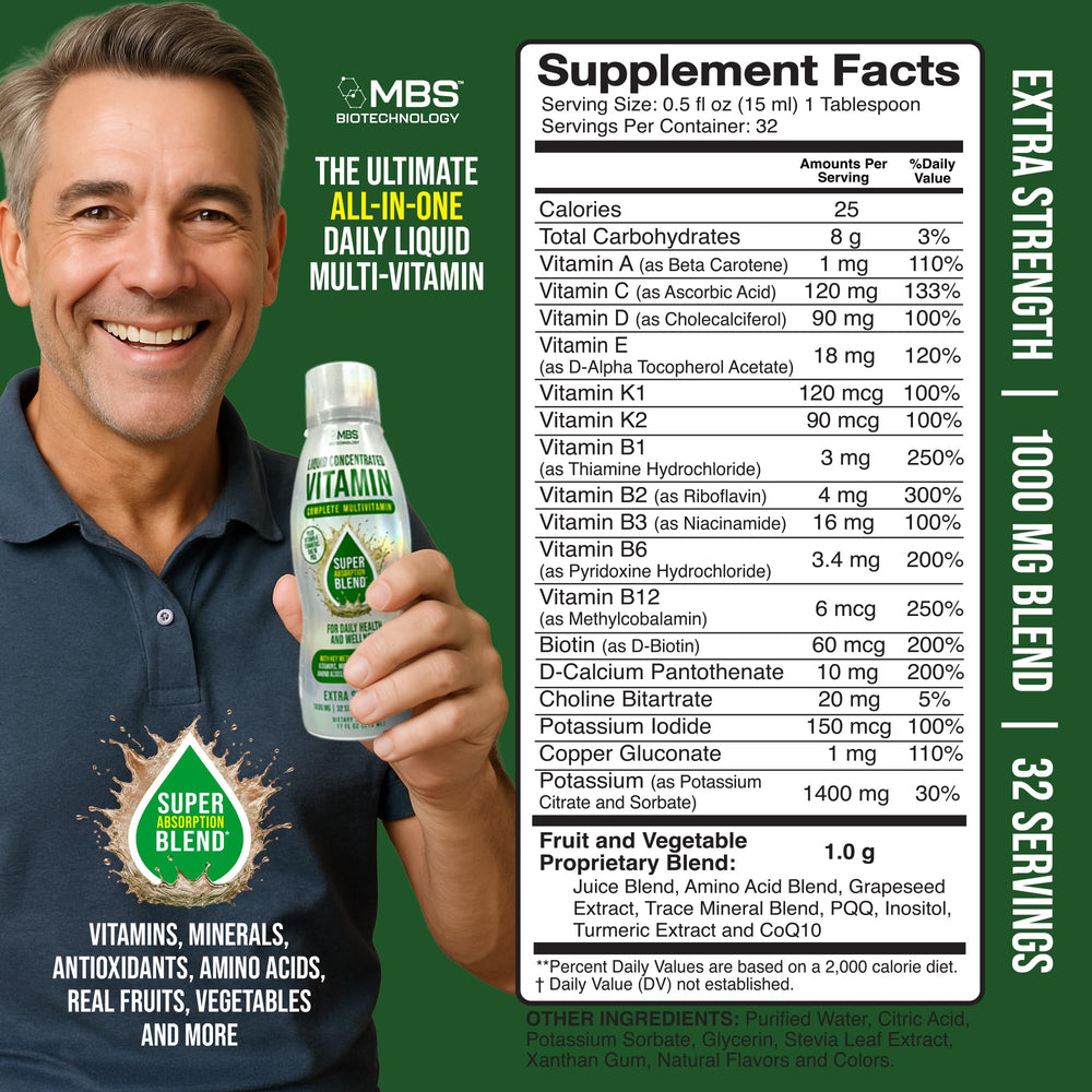 Close-up of berry-flavored liquid multivitamin bottle label
