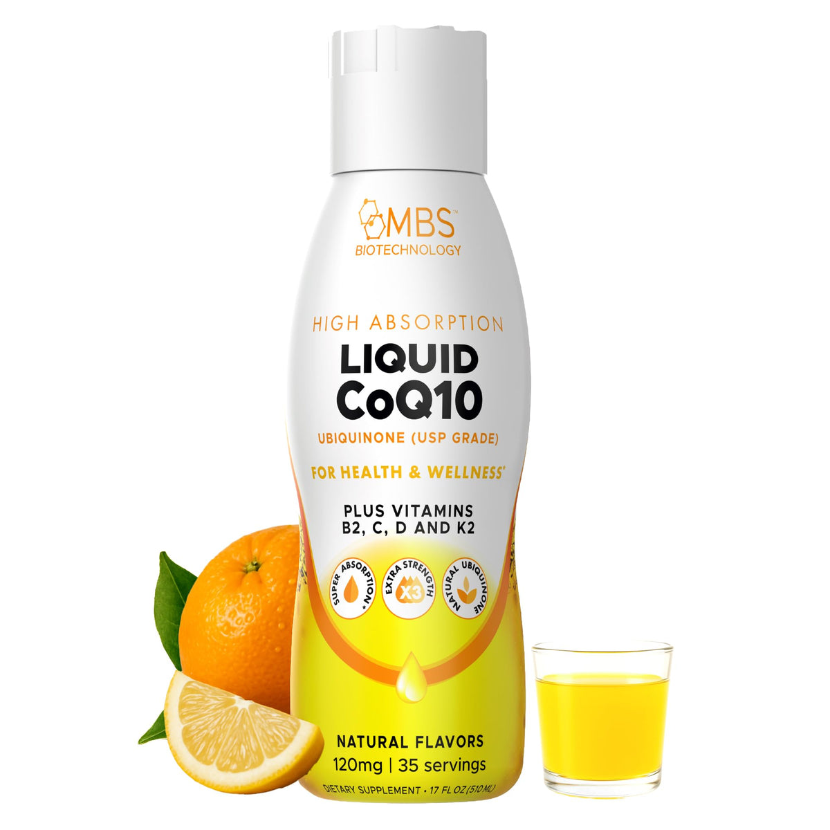MBS Biotechnology Liquid CoQ10 120mg bottle with 17 oz size and creamsicle flavor