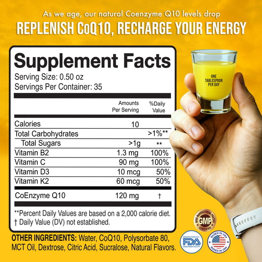 Creamsicle-flavored CoQ10 liquid bottle ready to pour
