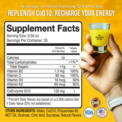 Creamsicle-flavored CoQ10 liquid bottle ready to pour