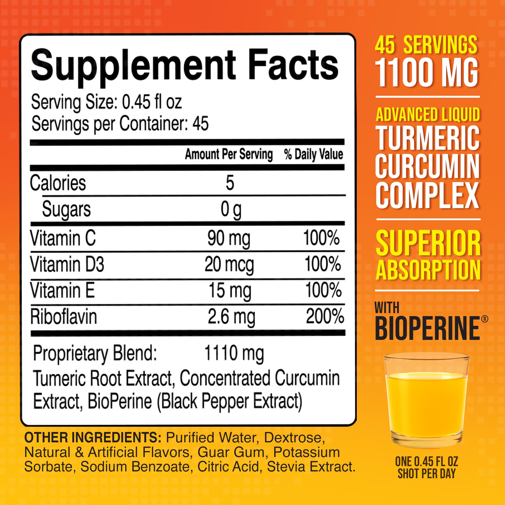 Front view of MBS Liquid Turmeric bottle