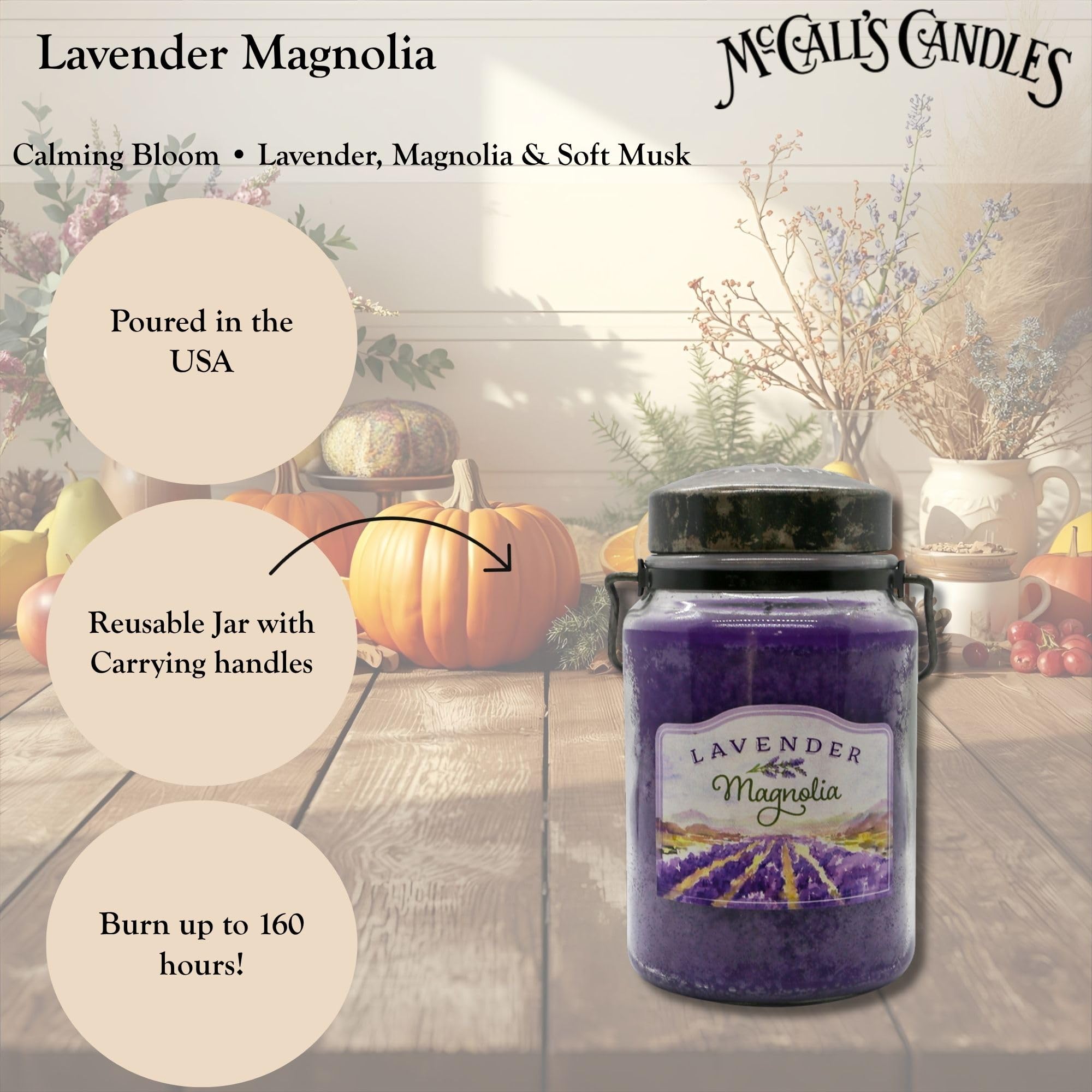 McCall’s Lavender Magnolia vintage rustic jar with embossed lid offers stylish, reusable décor after burning.