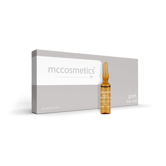 Single-use ampoule packaging of MCCosmetics NY Prof. Five Vitamin B Solution (B1, B3, B6, B9, B12)