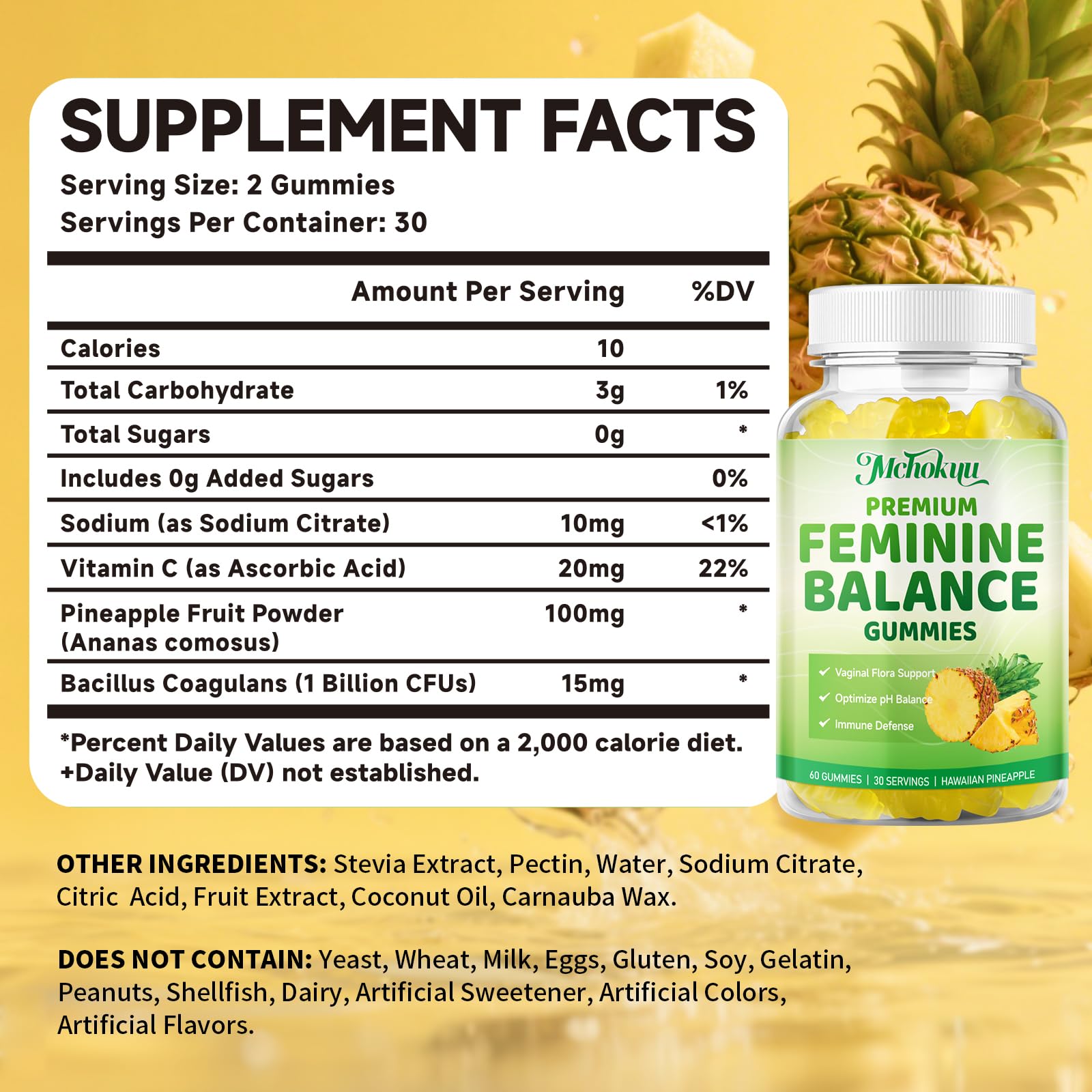 Close-up of label highlighting pH balance and immune support