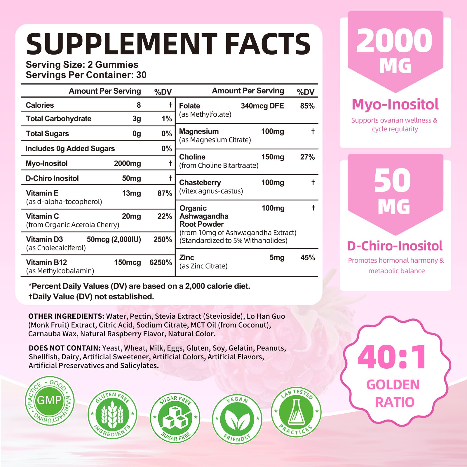 Close-up of Myo-Inositol 2000mg and D-Chiro Inositol 50mg per serving