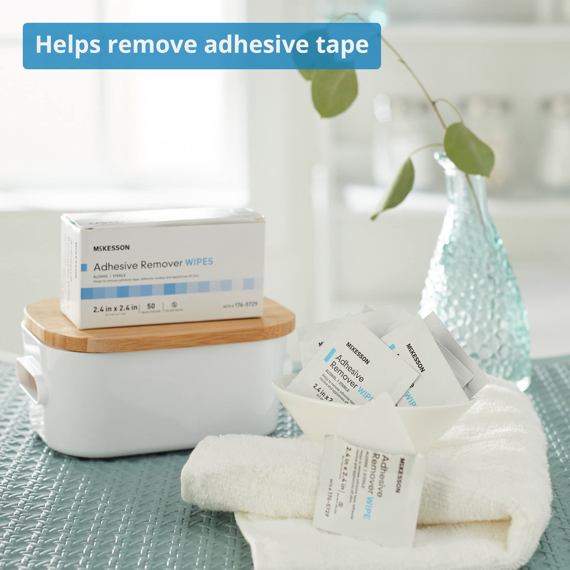McKesson adhesive remover wipes in single-use packets for hygienic skin residue removal.