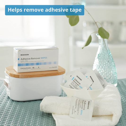 McKesson adhesive remover wipes in single-use packets for hygienic skin residue removal.