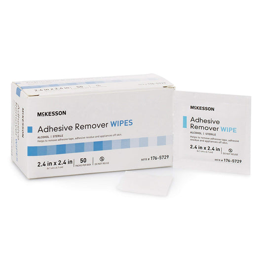 McKesson adhesive remover wipes in sterile packaging, ideal for quick skin prep.