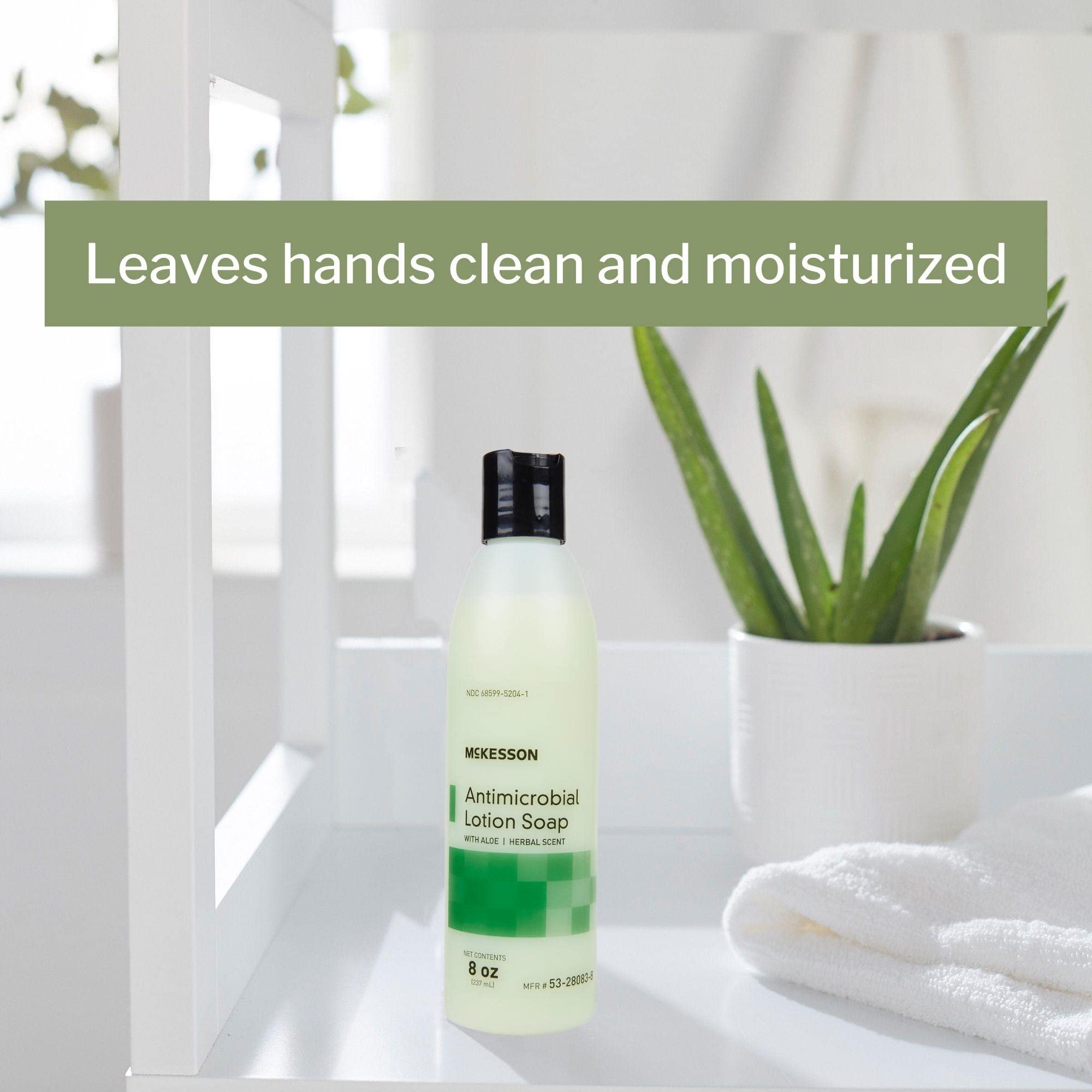 McKesson green-colored lotion soap shown on sink for everyday cleansing.