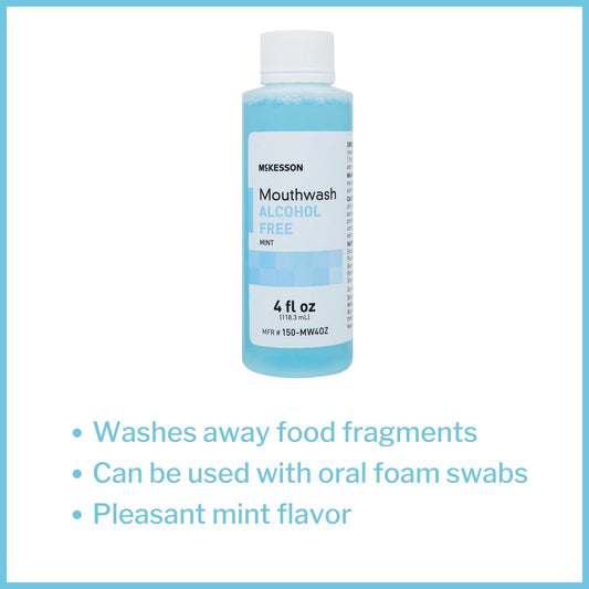 Close-up of McKesson Mouthwash label showing mint flavor and alcohol-free formula