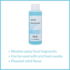 Close-up of McKesson Mouthwash label showing mint flavor and alcohol-free formula
