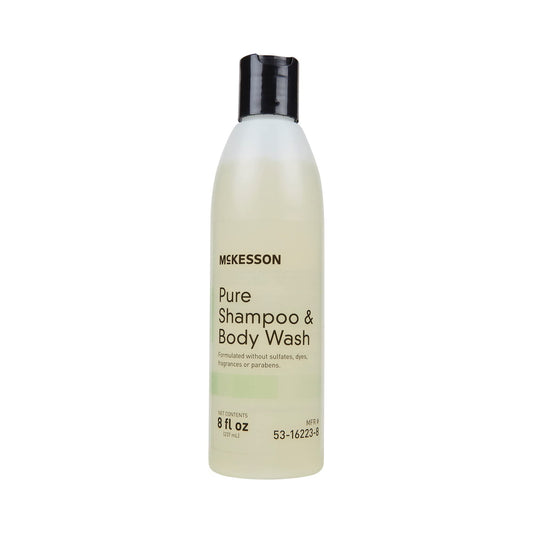 McKesson Pure bottle, fragrance-free 2-in-1 cleanse for hair and skin.