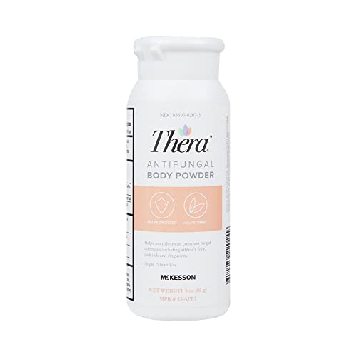 McKesson Thera Antifungal Body Powder dispenser close-up shows fine texture for comfortable application