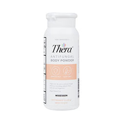 McKesson Thera Antifungal Body Powder dispenser close-up shows fine texture for comfortable application