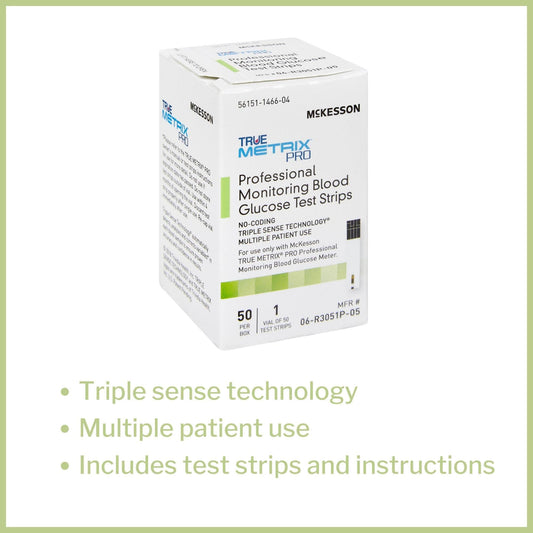 McKesson True METRIX latex-free strip close-up highlighting safety.