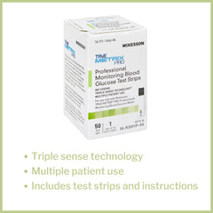 McKesson True METRIX latex-free strip close-up highlighting safety.