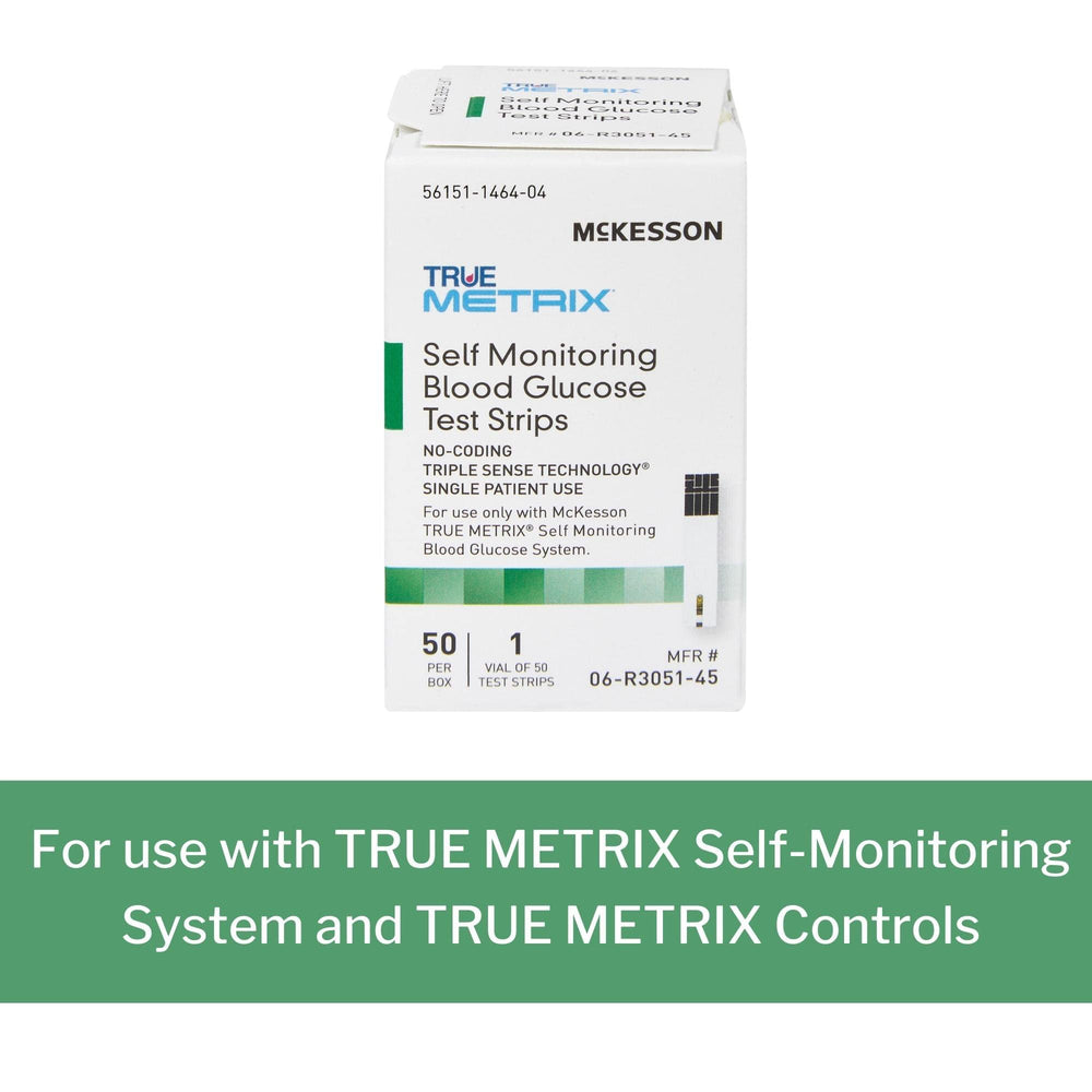 McKesson True METRIX strip closeup highlighting test strip precision.