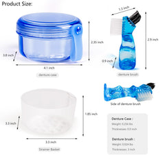 Compact size 4.1 x 3.8 x 2.35 inch denture cleaning cup in transparent blue