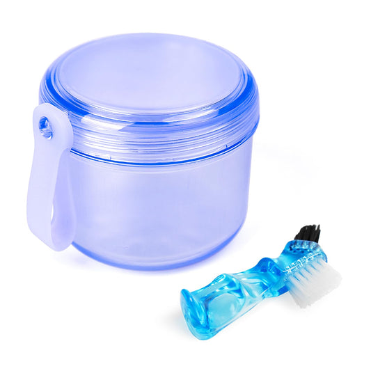 Blue McKkor leak-proof travel denture case with screw-top lid