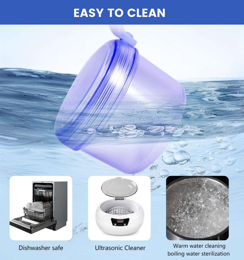 Package contents: denture bath case, cleaning brush, strainer basket