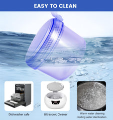 Package contents: denture bath case, cleaning brush, strainer basket