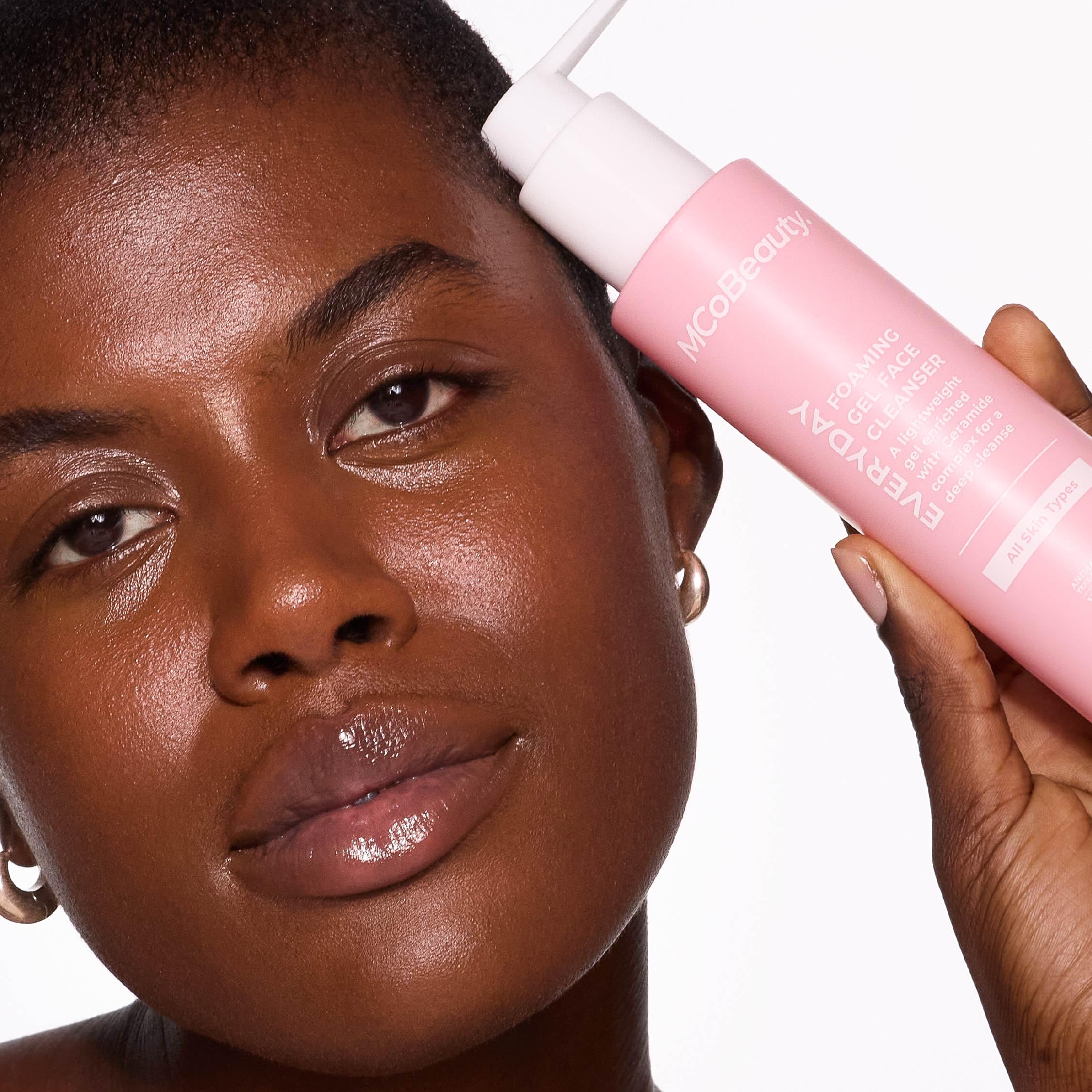 MCoBeauty foamy-lather close-up shows gentle cleansing for sensitive skin.