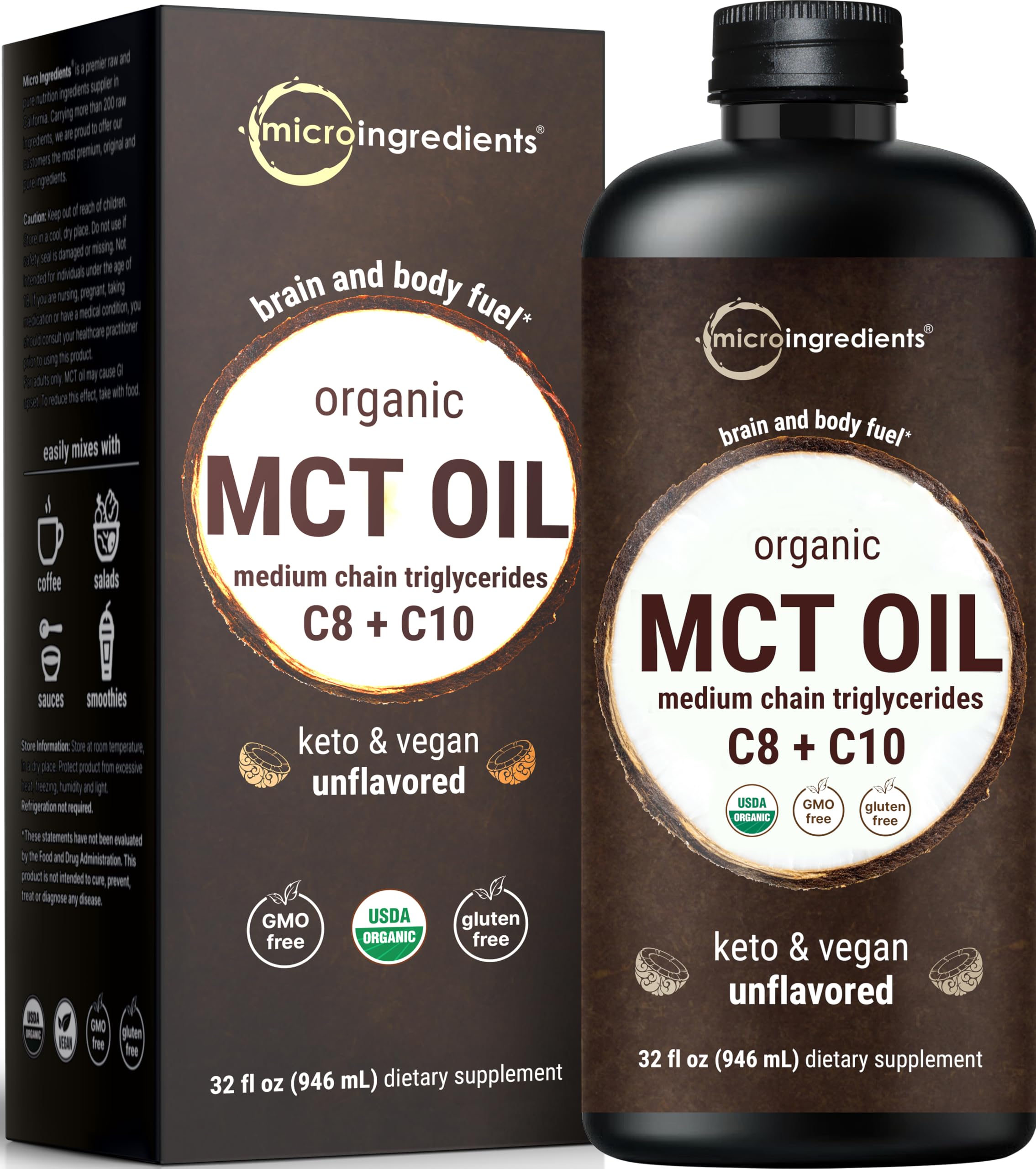 USDA Organic MCT Oil bottle, 32 fl oz, 100% virgin coconut oil with C8 and C10 fatty acids