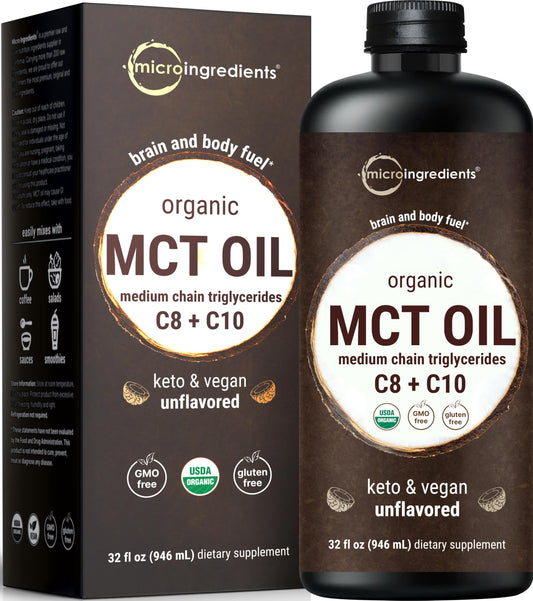 USDA Organic MCT Oil bottle, 32 fl oz, 100% virgin coconut oil with C8 and C10 fatty acids