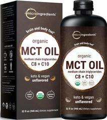 USDA Organic MCT Oil bottle, 32 fl oz, 100% virgin coconut oil with C8 and C10 fatty acids