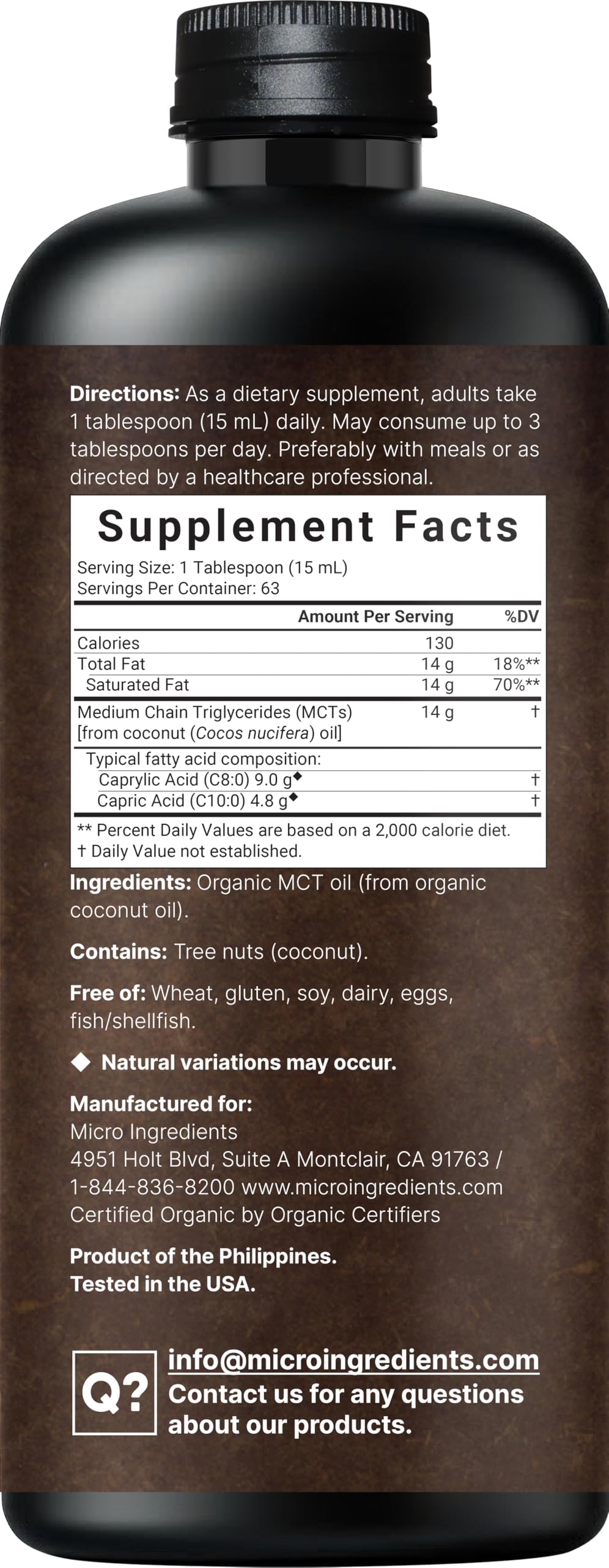 Unflavored MCT Oil for keto and vegan diets, 32 fl oz bottle