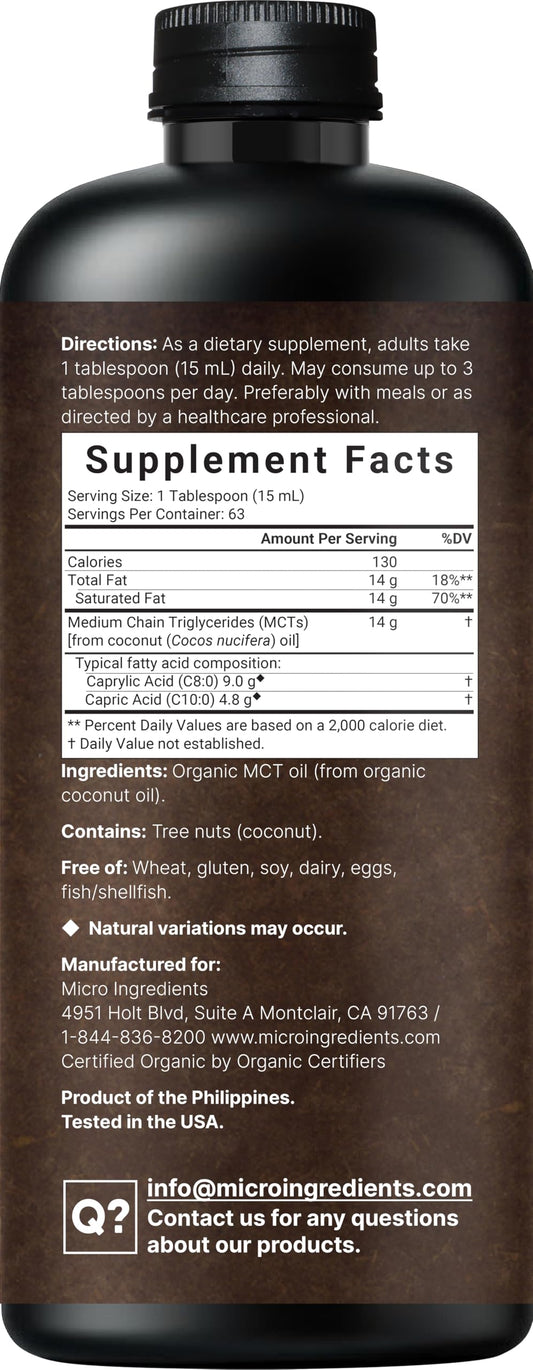 Unflavored MCT Oil for keto and vegan diets, 32 fl oz bottle