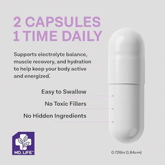Packaging of MD. Life Potassium Magnesium Supplement showing vegan, non-GMO, gluten-free claims