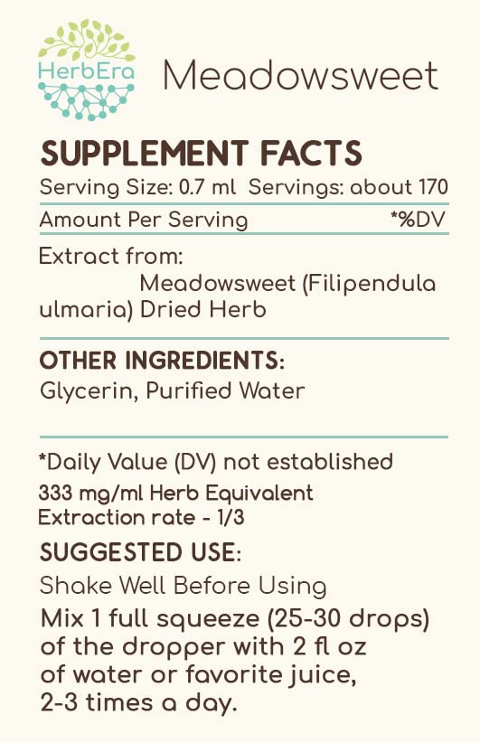 Meadowsweet tincture ingredients and herb-to-solvent ratio information