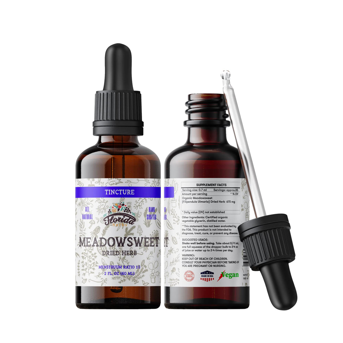 Bottle of Meadowsweet tincture extract in amber glass with dropper