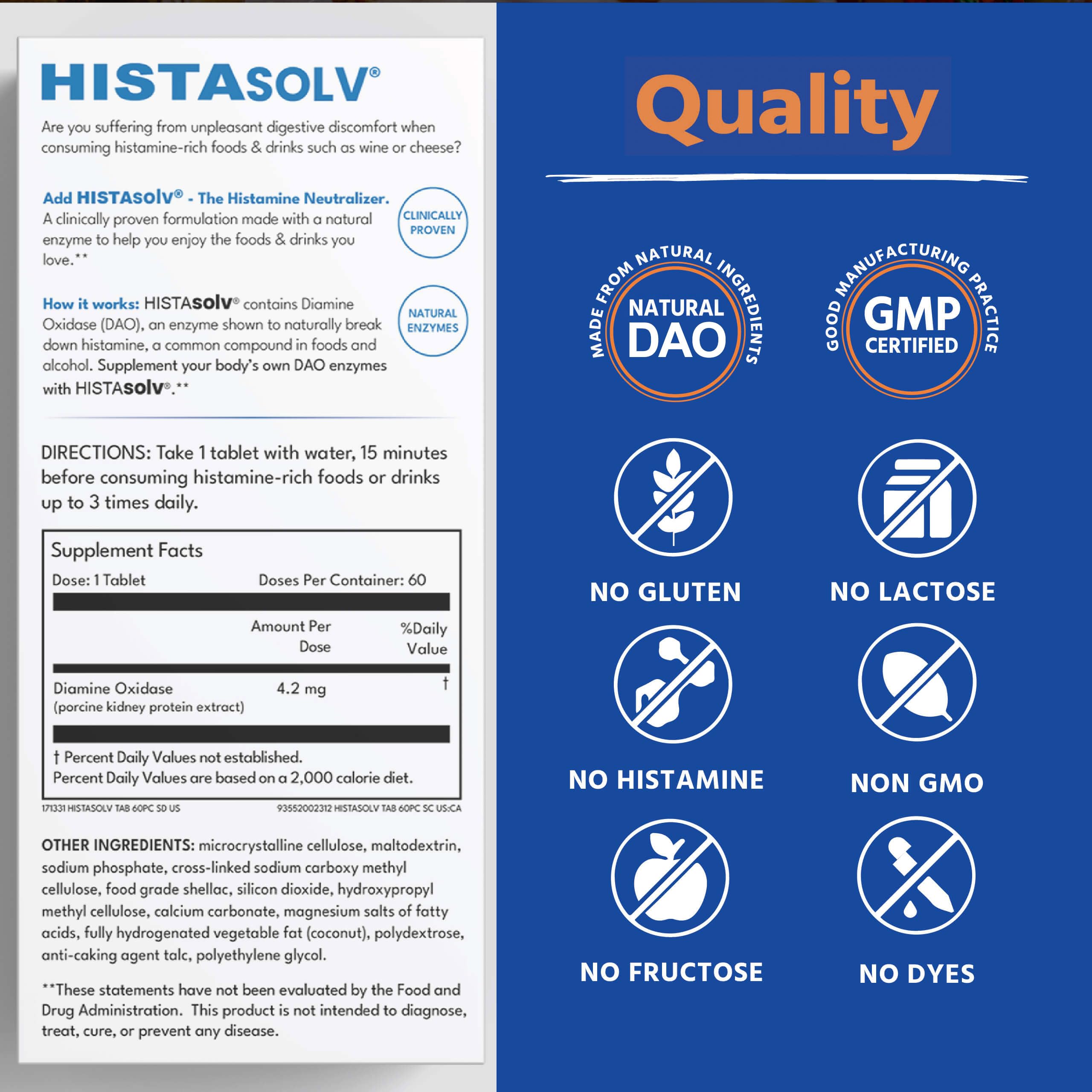 Enteric-coated DAO enzyme tablets for histamine intolerance