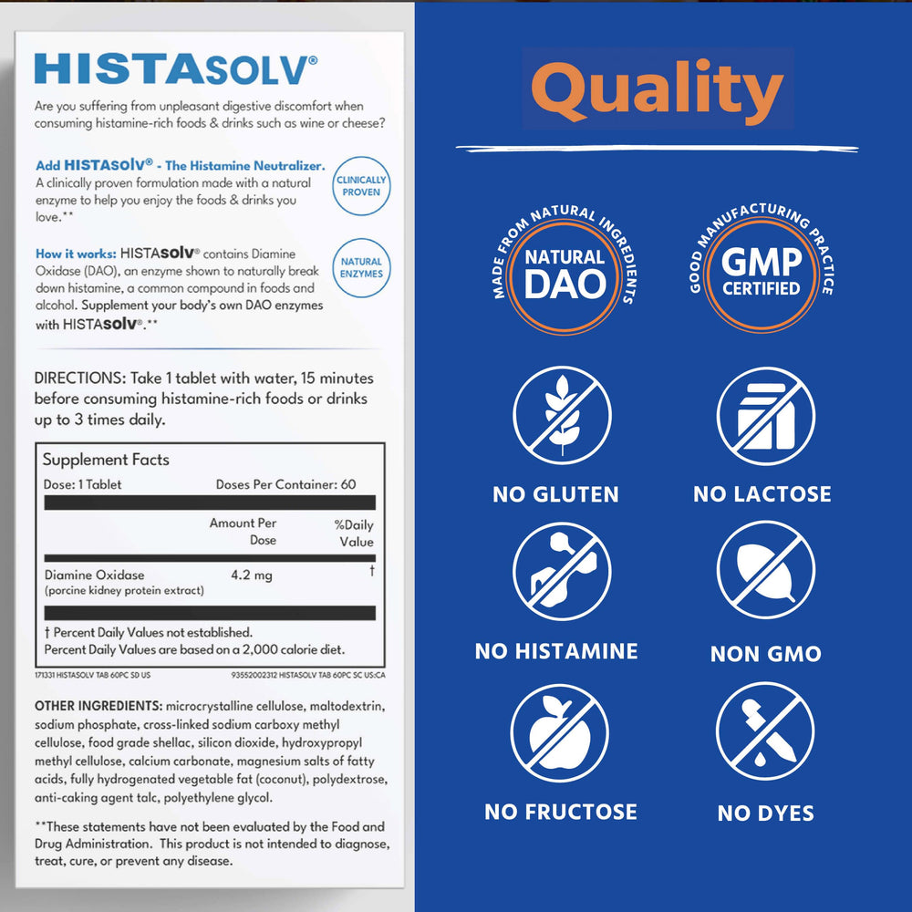 Enteric-coated DAO enzyme tablets for histamine intolerance