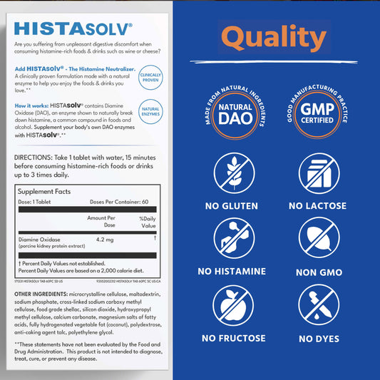 Enteric-coated DAO enzyme tablets for histamine intolerance