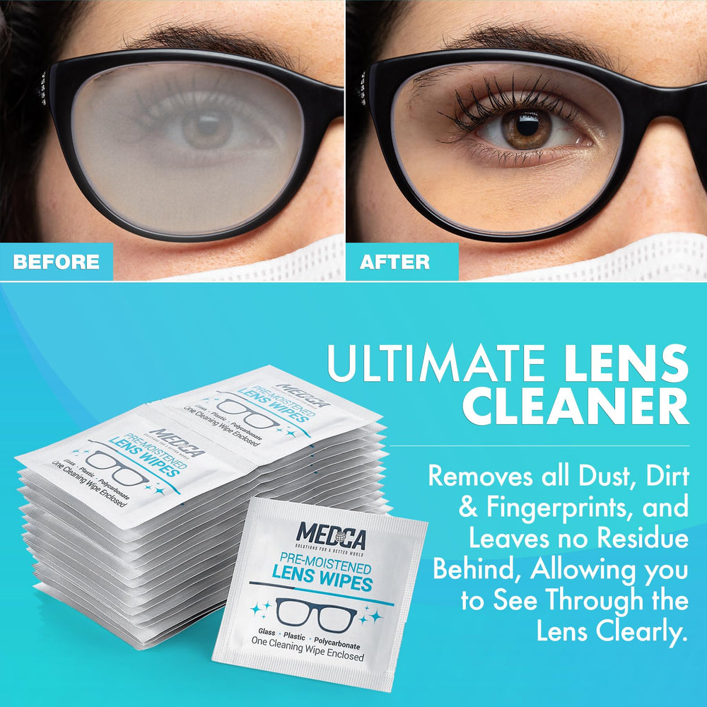 MEDca lens wipes box packaging with 200 wipes