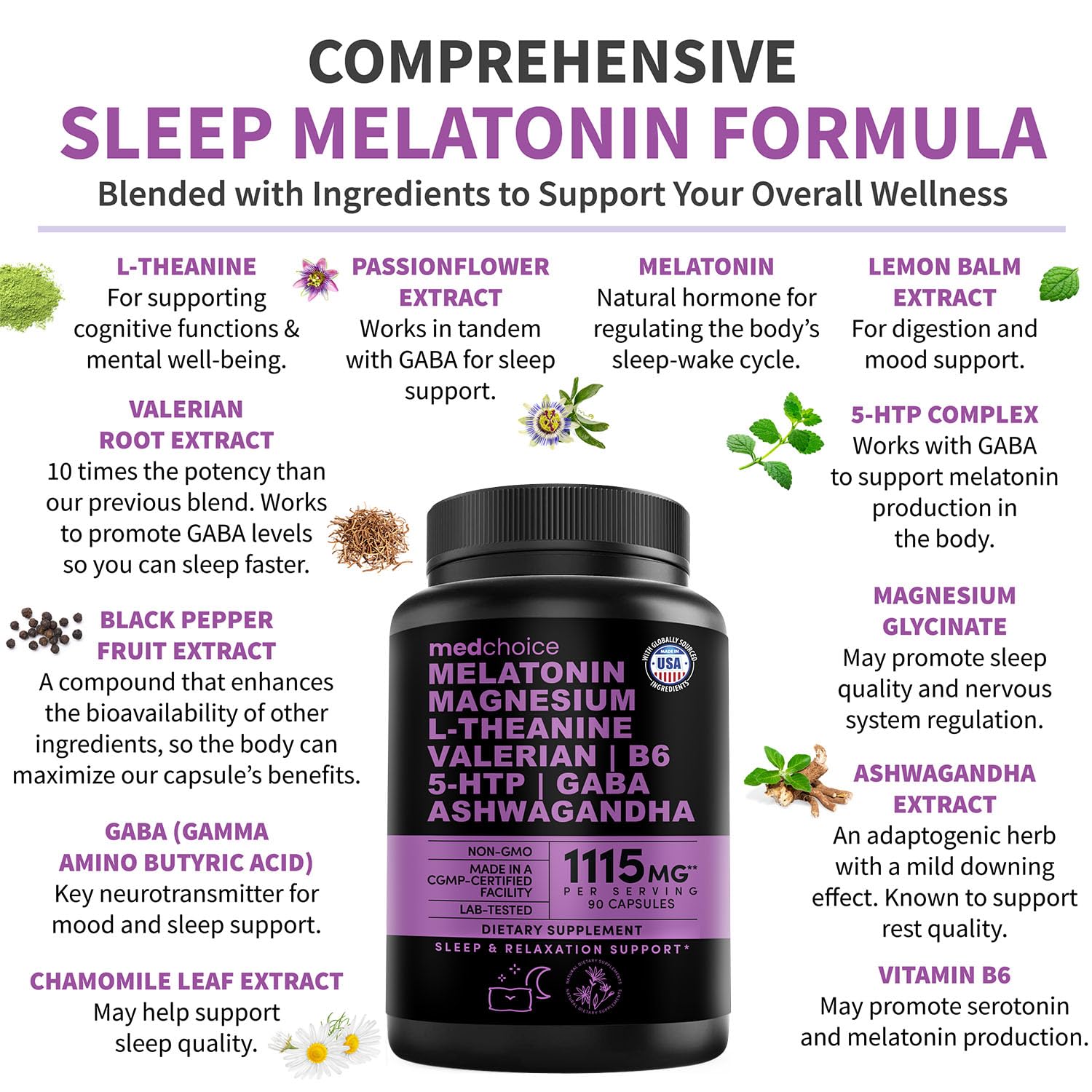 MEDCHOICE L-theanine relaxation capsule highlights calm focus before bed.