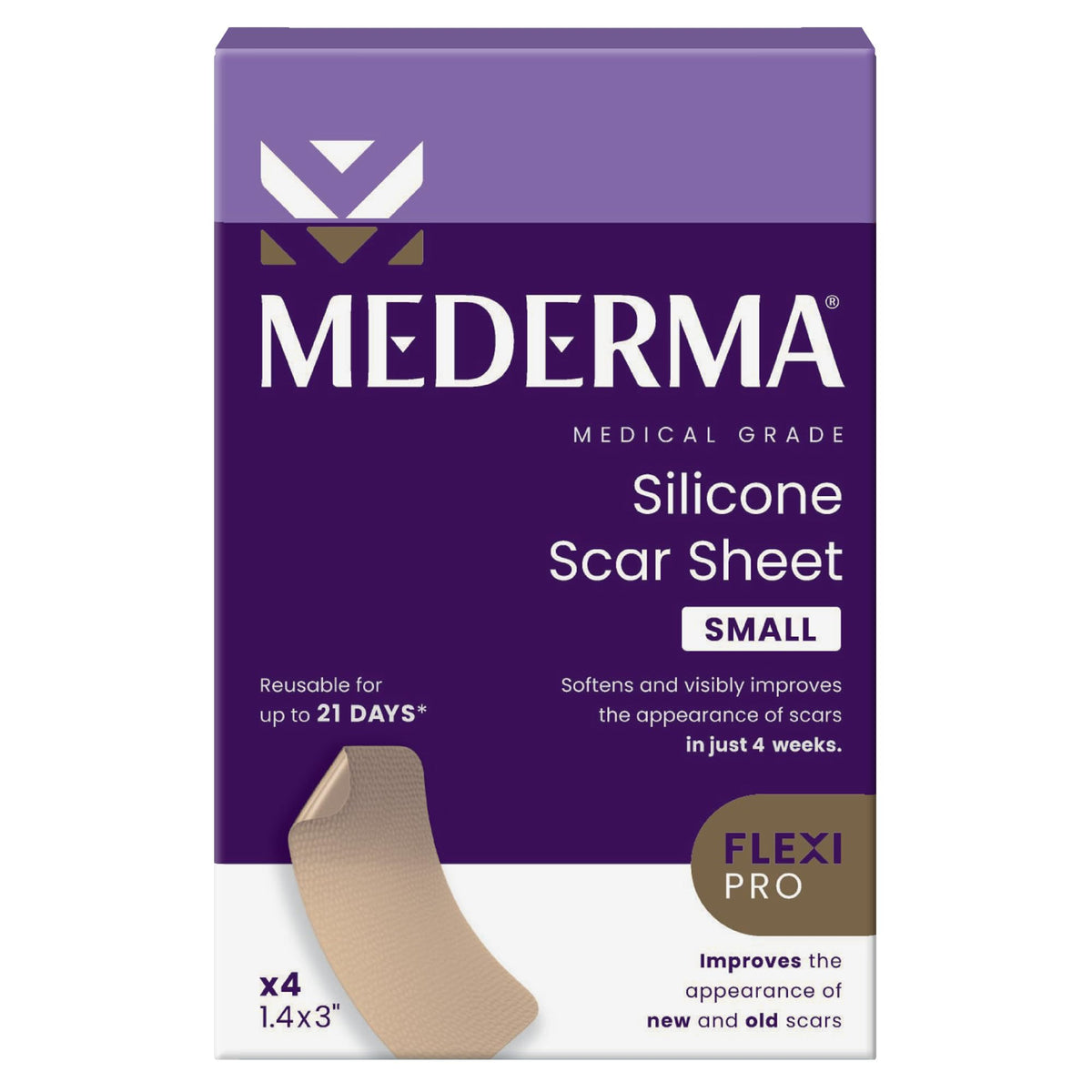 Mederma packaging for medical-grade silicone scar sheets, easy to store.