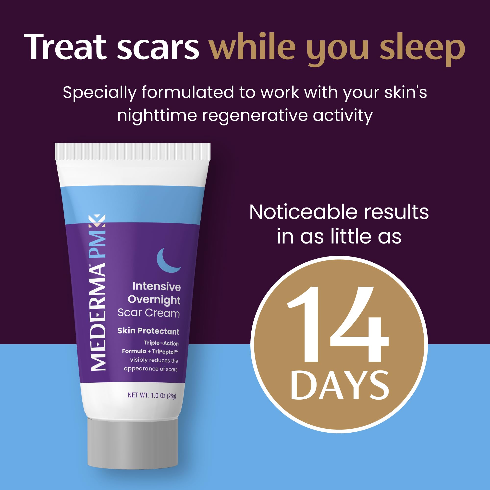 Mederma PM sleep-cycle appearance closeup suggesting potential scar color and texture improvement.