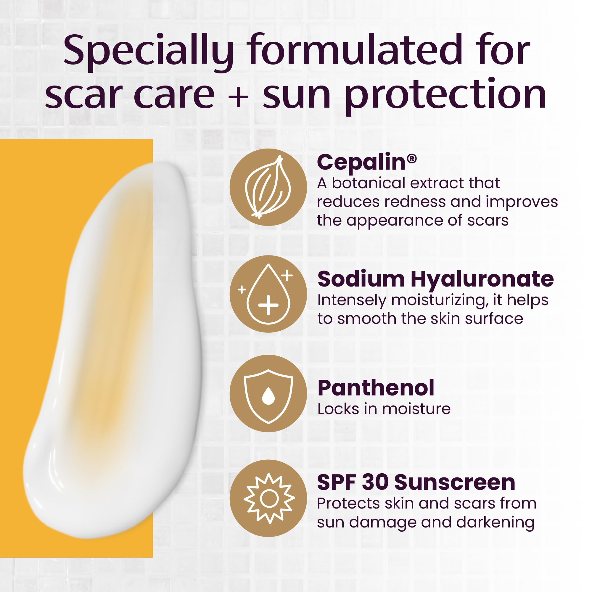 Mederma Scar Cream Plus SPF 30 sun protection visual emphasizes UV defense.