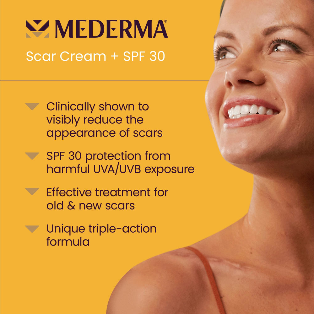 Mederma Scar Cream Plus SPF 30 tube application close-up showing easy daily use.