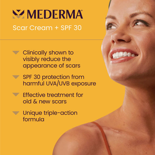 Mederma Scar Cream Plus SPF 30 tube application close-up showing easy daily use.