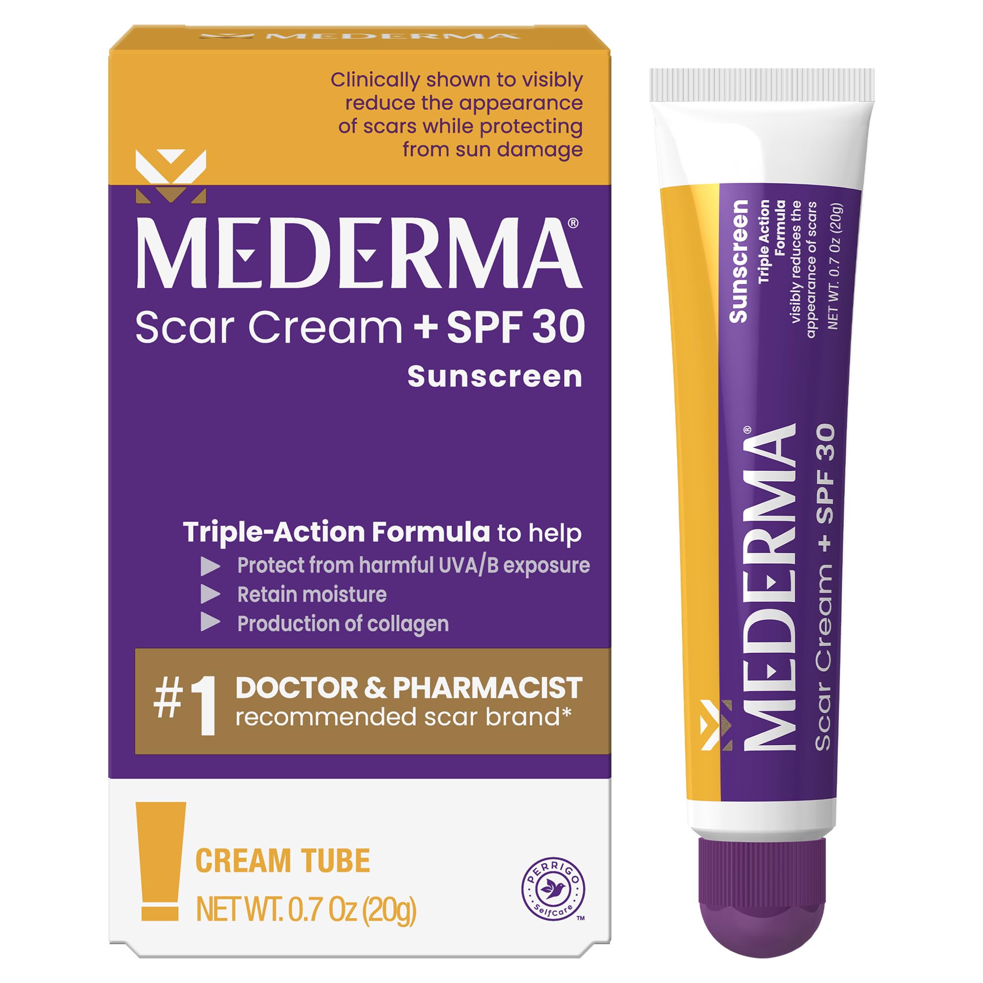Mederma Scar Cream Plus SPF 30 tube front for scar care and sun protection.