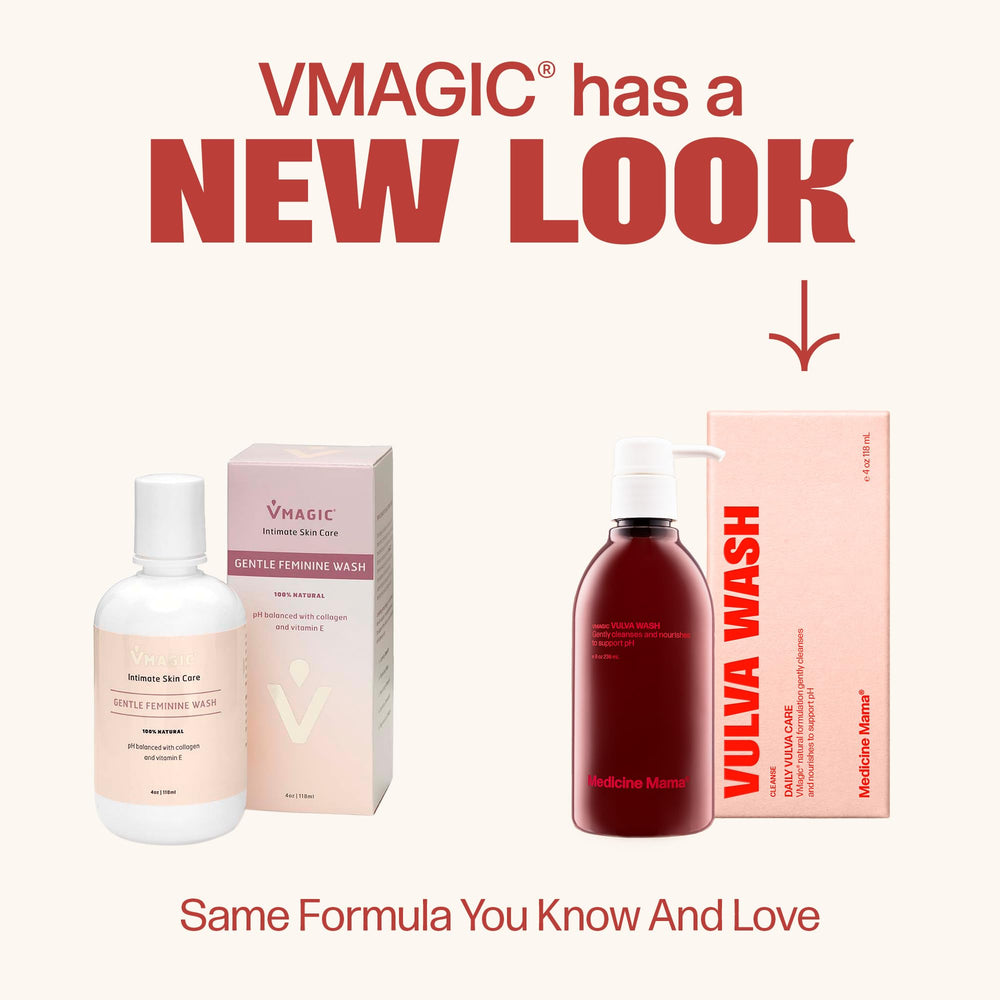 Medicine Mama's Apothecary VMAGIC bottle back highlights ingredients for gentle care.