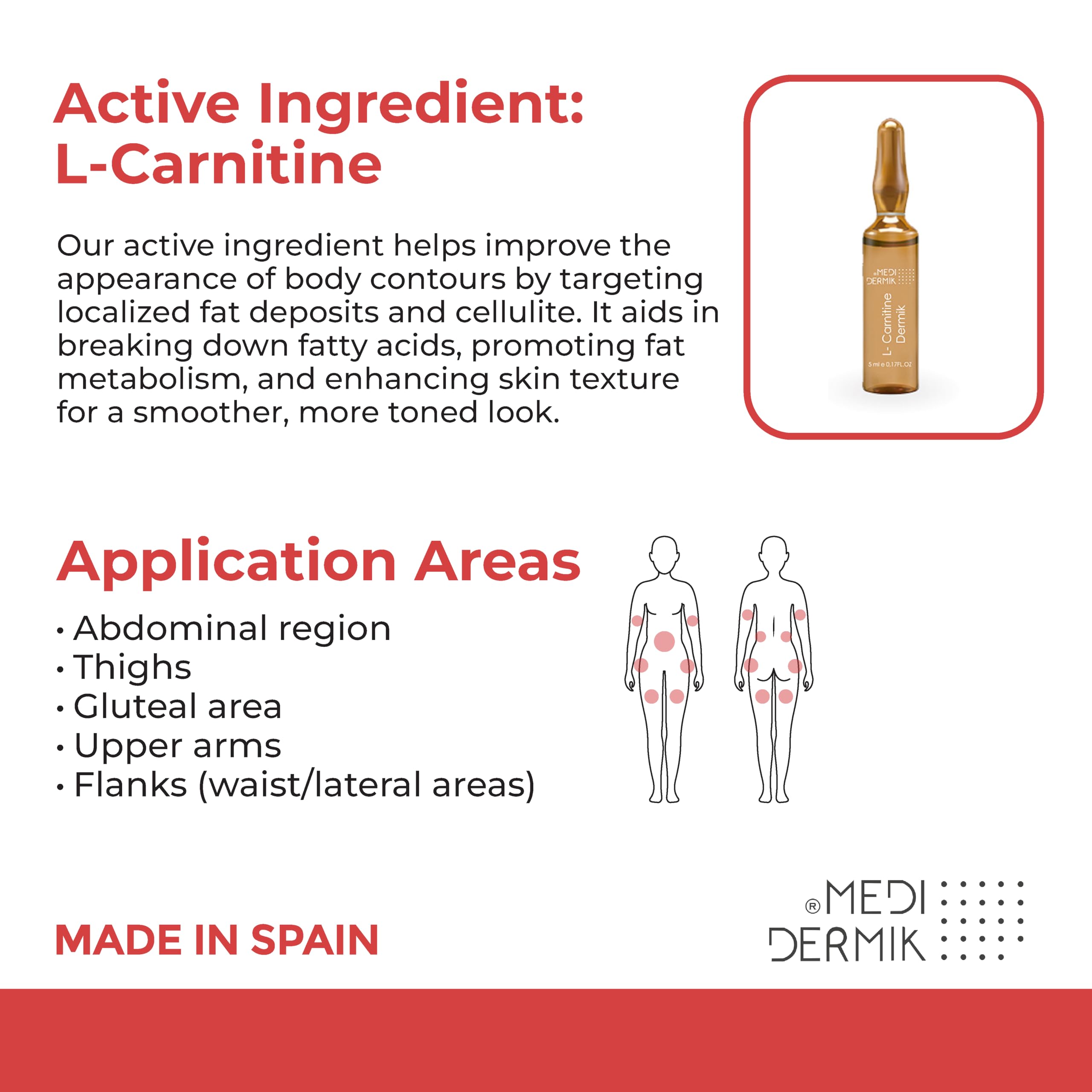 Front view of MediDermik L-Carnitine Dermik box and ampoules