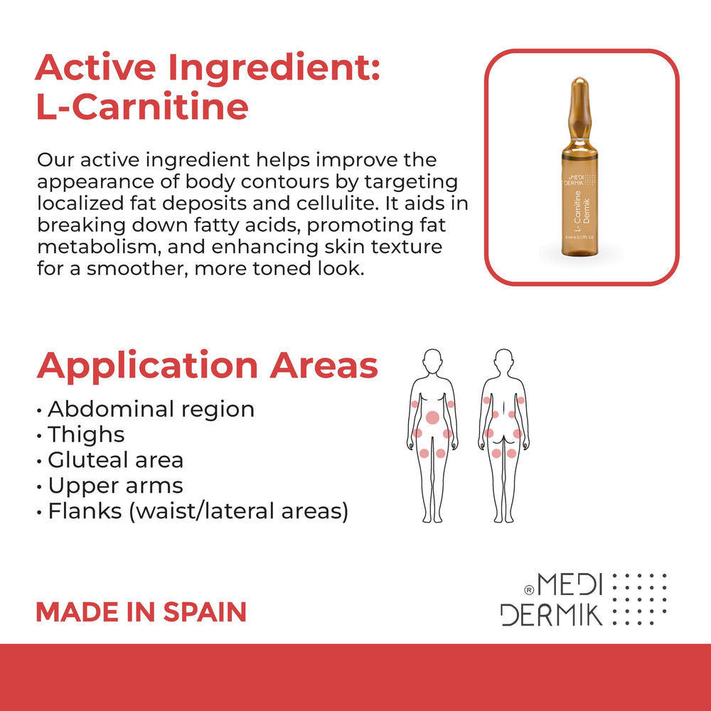 Front view of MediDermik L-Carnitine Dermik box and ampoules