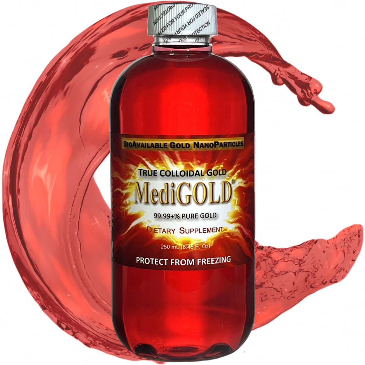 MediGOLD true colloidal Gold AuNP supplement bottle 250 mL in a clear BPA-free bottle.