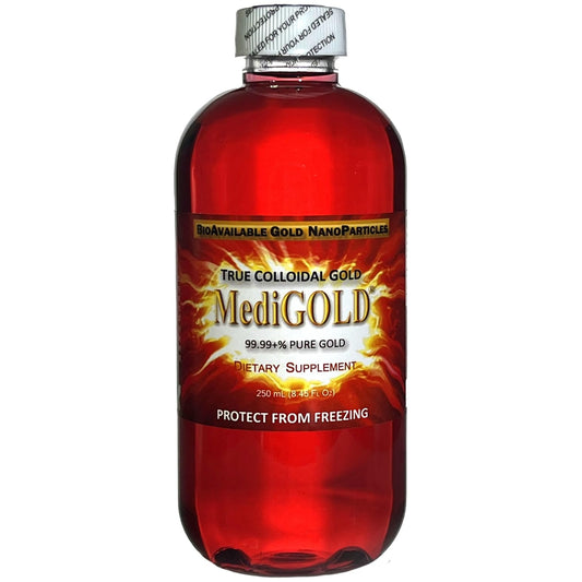 Close-up of MediGOLD bottle showing 250 mL capacity.